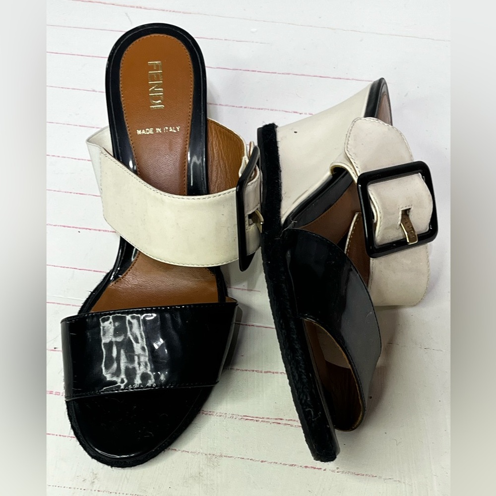 NDI Black and Cream Buckle Mules Fendi